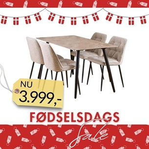 Wicklow spisebordssæt, Top grå Aberta poleret keramik inkl. 4 beige Monza stole